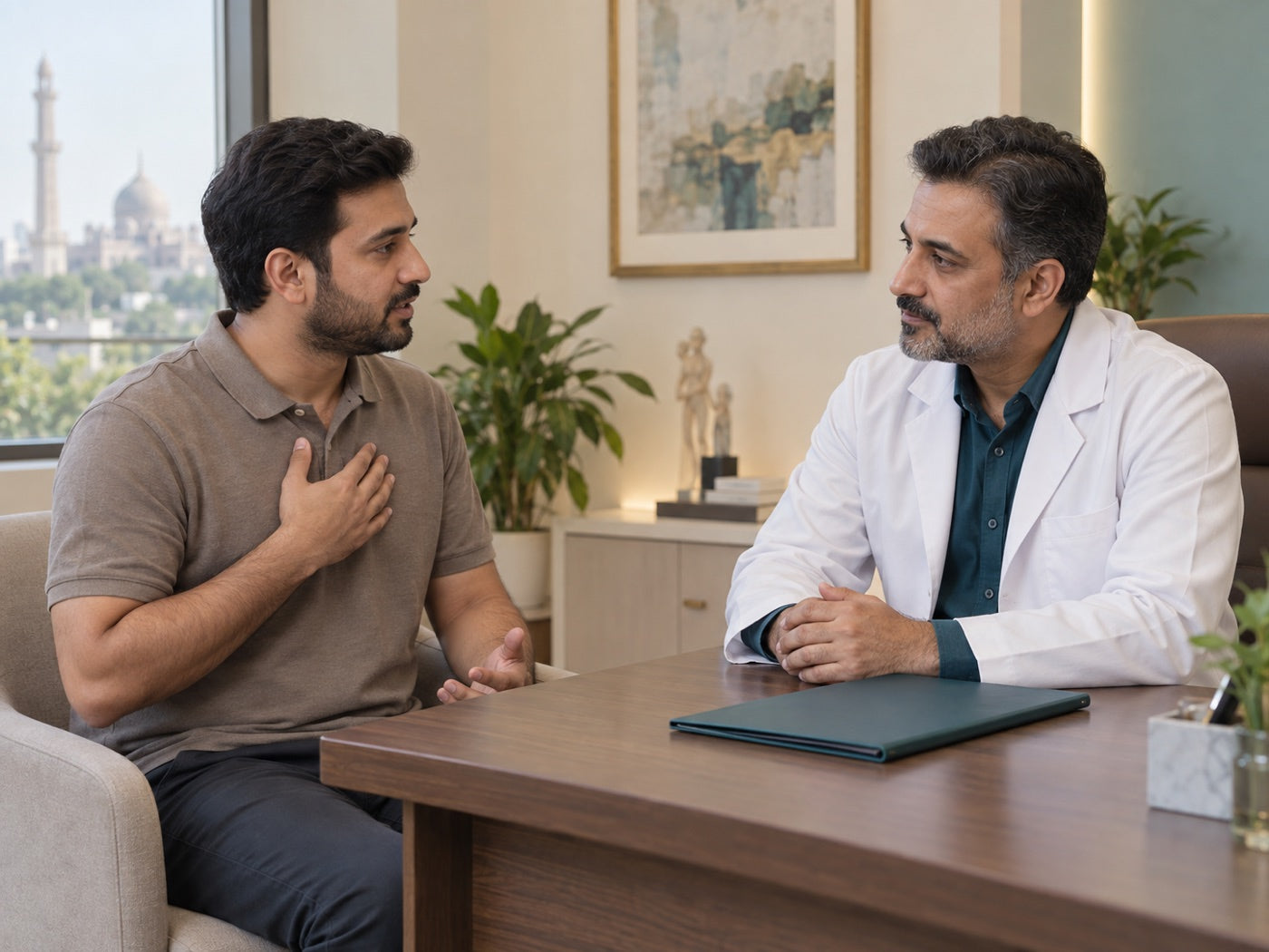 Illustrative body and chest consultation with Pakistani adults